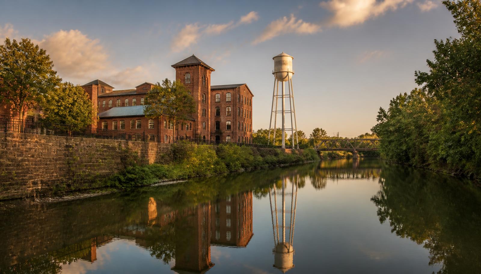 Historic brick mill and water tower reflected in the Tar River at golden hour